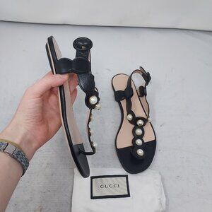 Gucci Black Strappy Willow Pearl Thong Sandal